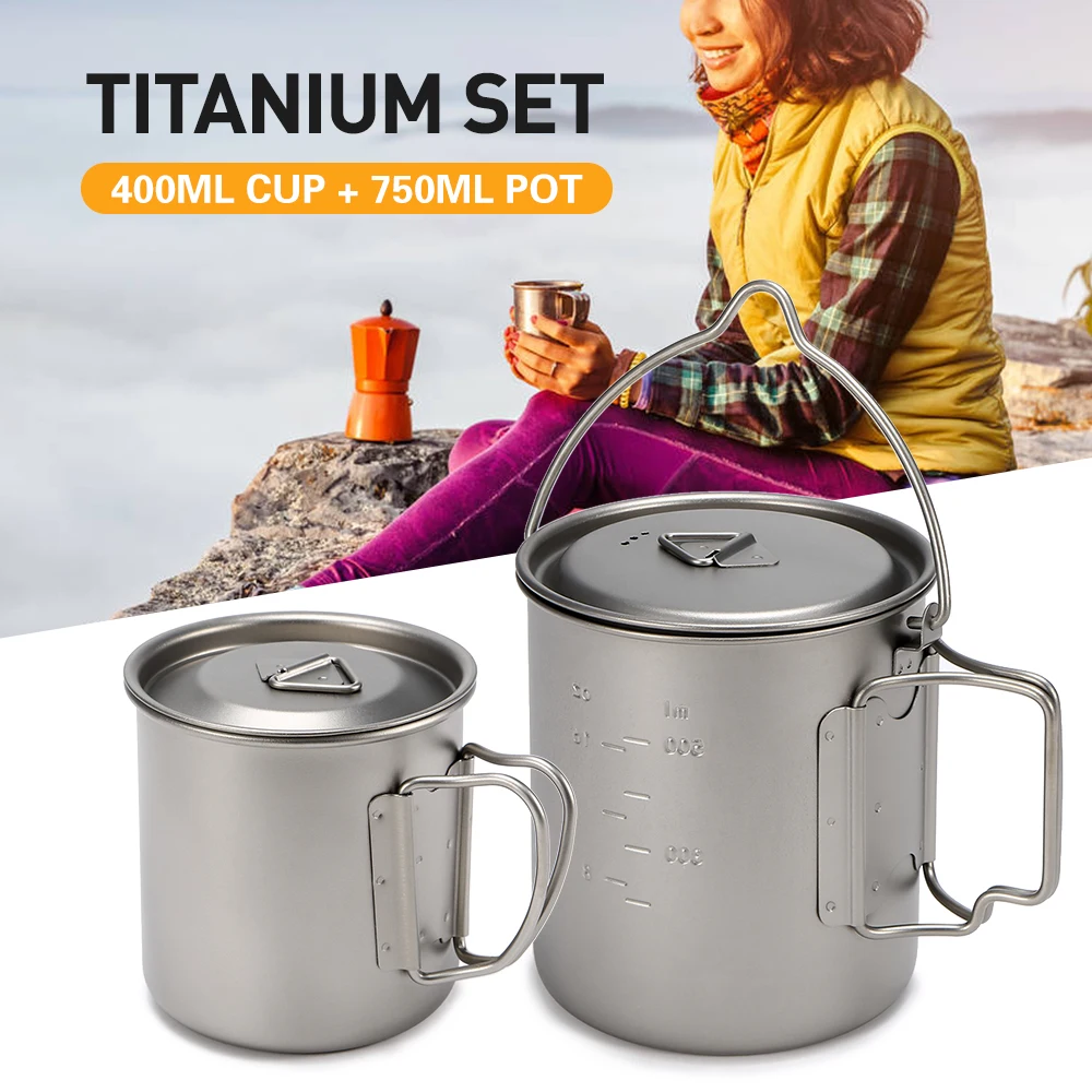 売る 450 ミリリットル 750 ミリリットルカップセットチタンポットカップハンギングポット屋外ポータブル水カップ屋外食器ピクニック調理器具マグ
