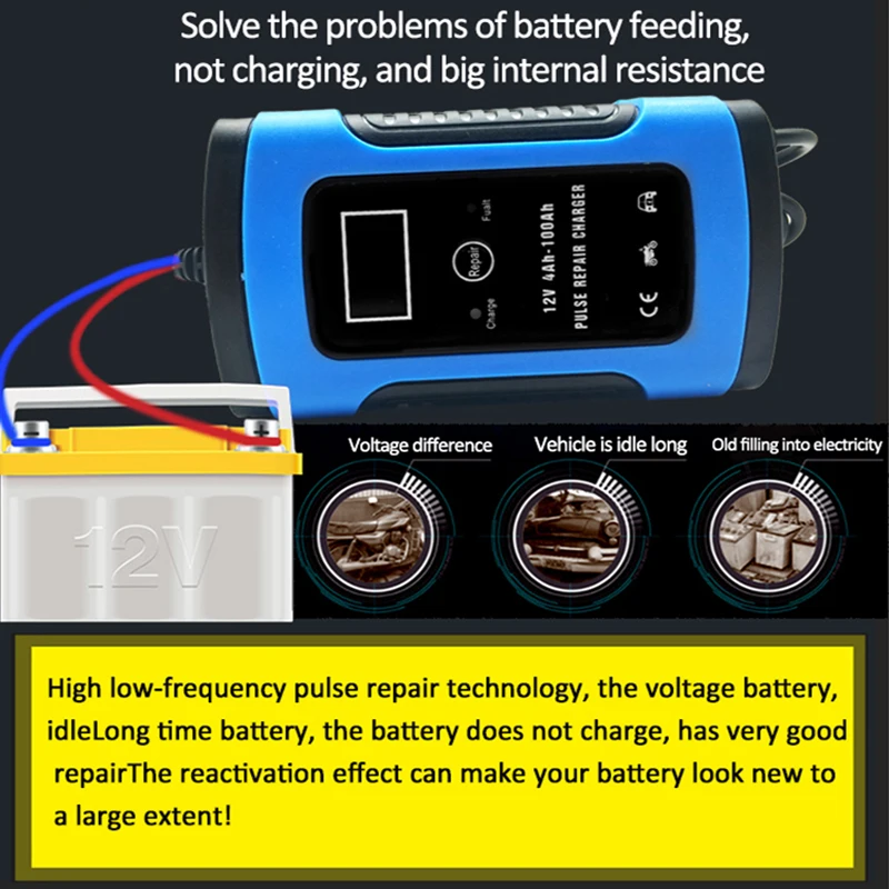 ADPOW 12v 6A LCD Display Car Battery Charging Automatic Pulse Repair 110v-220v Lead Acid Charger Intelligent 4Ah-100Ah |