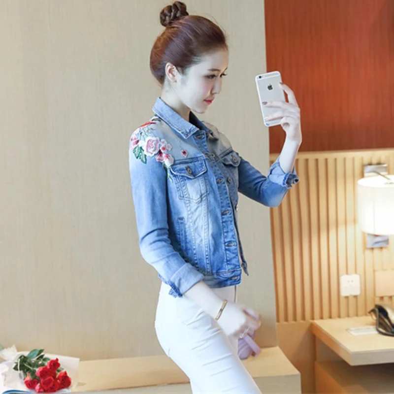 Куртка женская джинсовая короткая с цветочным принтом осень 2019 | Женская одежда