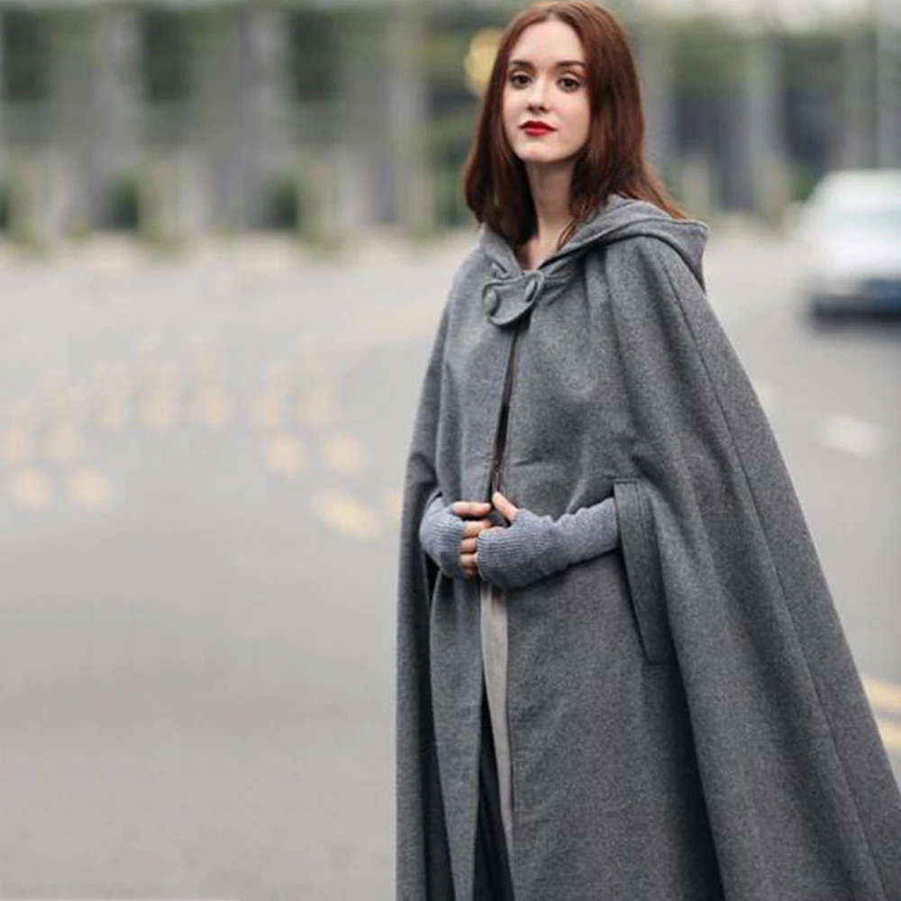 

Rosetic Women Cape Coat Holiday Poncho Cape Autumn Black Casual Blue Chic Girl Halloween Hooded Winter Warm Women Capes Coat