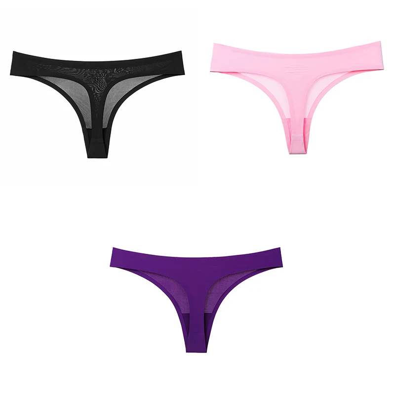 black pink purple Сексуальные стринги Женское нижнее белье бесшовные 3 шт стринги женские T-back мягкие новые продажи твердые стринги Нижнее белье для женщин BANNIROU - Цвет: black pink purple