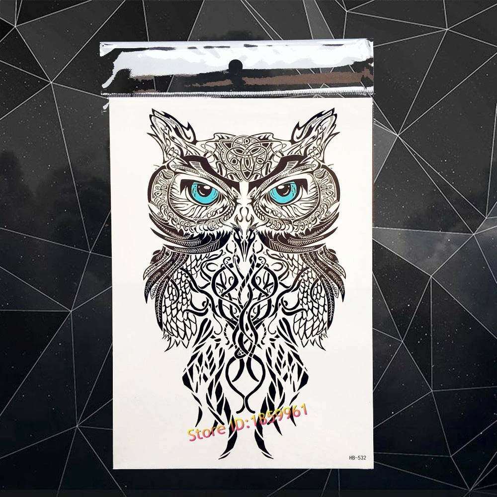 

HOT Blue Eyes Wise Henna Owl Temporary Tattoo Stickers Women Body Art Fake Black Tattoo Paste 21x15CM Large Wateproof Fake Tatoo
