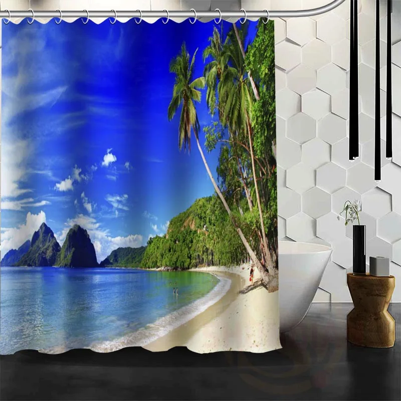Лучшая занавеска для душа WJY #39 на заказ океан пляжа пальмы ванной