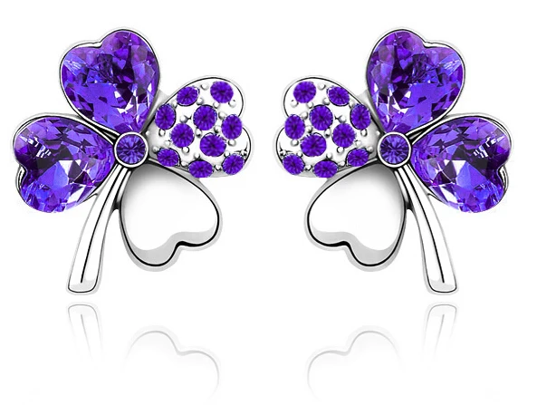silver darkpurple Милые серьги-гвоздики в виде четырехлистного клевера для влюбленных, женские брендовые серьги-гвоздики золотого цвета с австрийским кристаллом, ювелирное изделие 9554 - Окраска металла: silver darkpurple