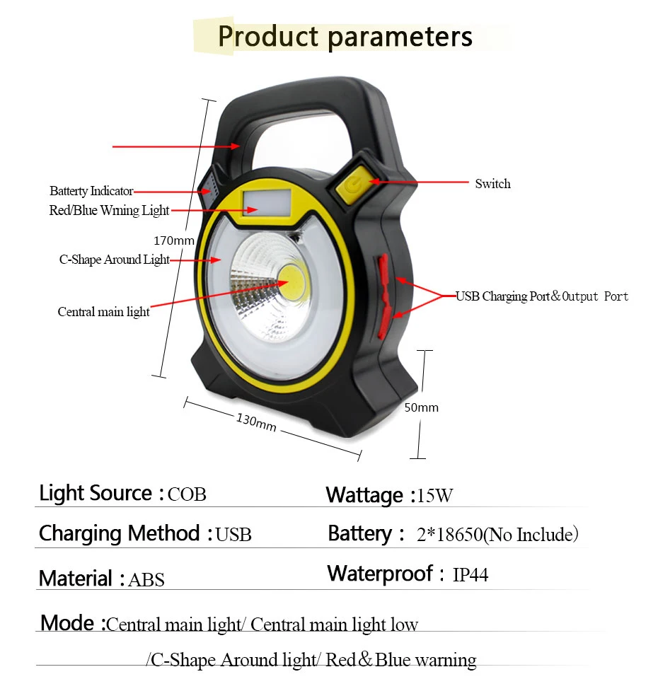 15 Вт Светодиодный прожектор 1500Lm USB Перезаряжаемый аварийный наружный кемпинговый проекционный светильник портативный Рабочий светильник фонарь поисковый светильник