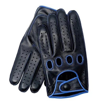 black blue Новое поступление, роскошные мужские кожаные перчатки, варежки с отверстиями и пуговицами, дышащие мужские перчатки из натуральной кожи, мужские перчатки для вождения - Цвет: black blue