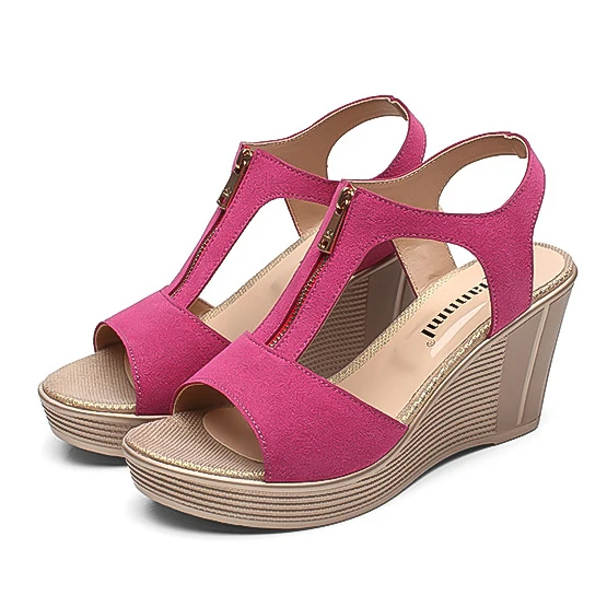 C21Rose Red Женские босоножки; босоножки на танкетке; обувь на платформе; Летняя женская обувь на молнии; черные женские Босоножки с открытым носком; Новинка года; женская обувь; большие размеры 43 - Цвет: C21Rose Red
