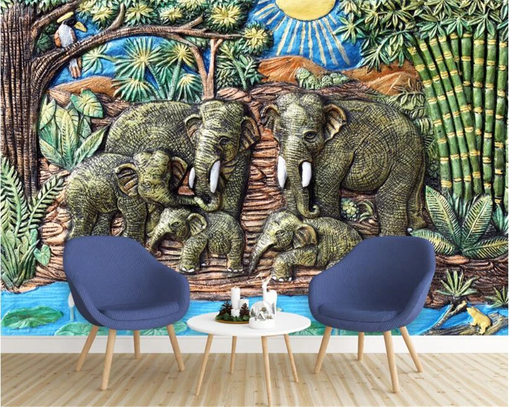 beibehang Custom fashion personalized wallpaper Southeast Asia style elephant wood relief mural wall paper home decor background |