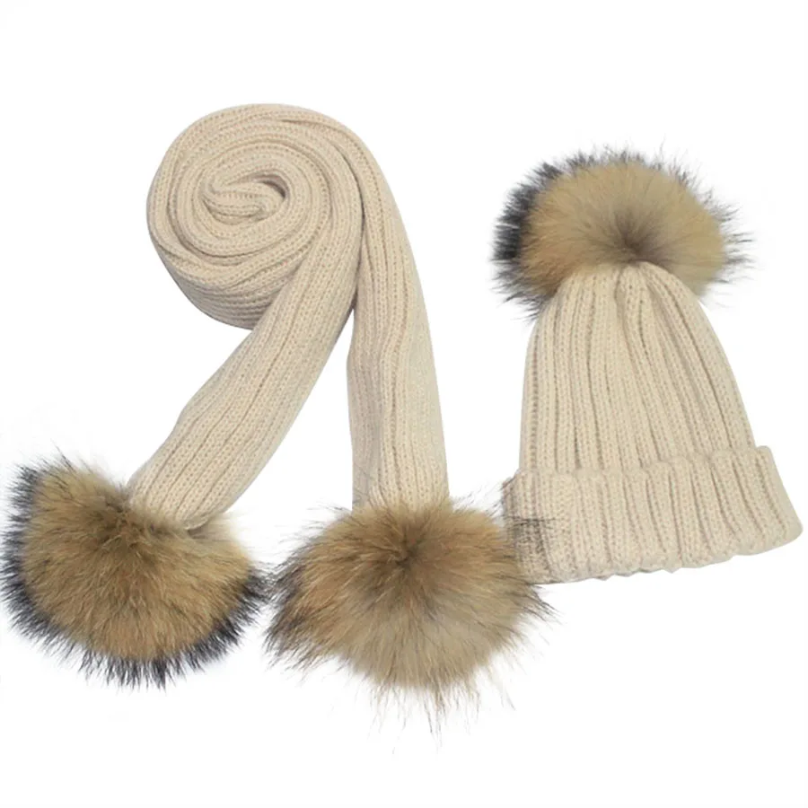beige Детский вязаный шарф и шапка, комплект, Роскошные зимние теплые вязаные шапки и шарфы с натуральным мехом, Шапка-бини для мальчиков и девочек - Цвет: beige