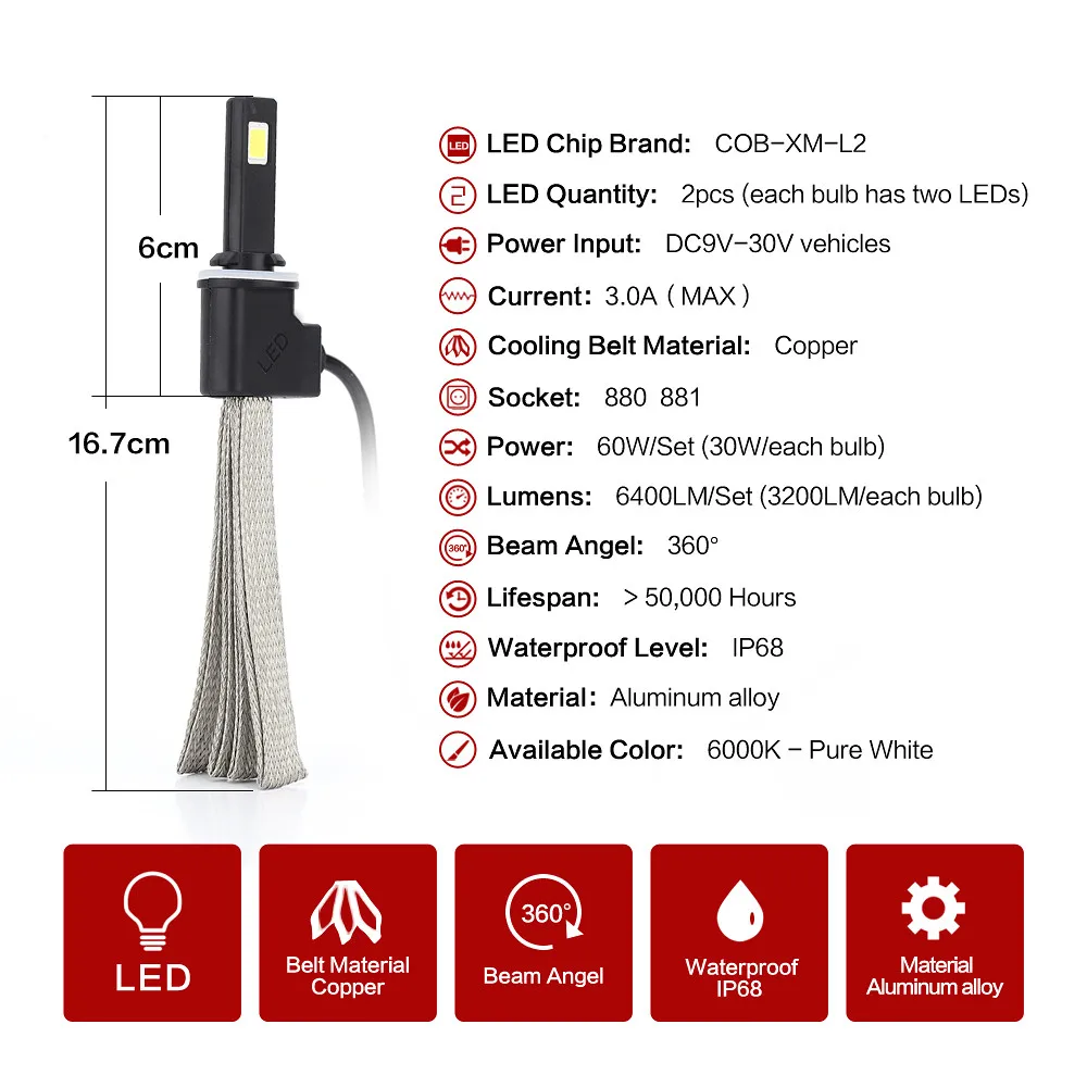 880 881 hid H1 H3 H7 Автомобильные фары 60 Вт 6400LM 6000K Плетеный 12V 30W Водонепроницаемый