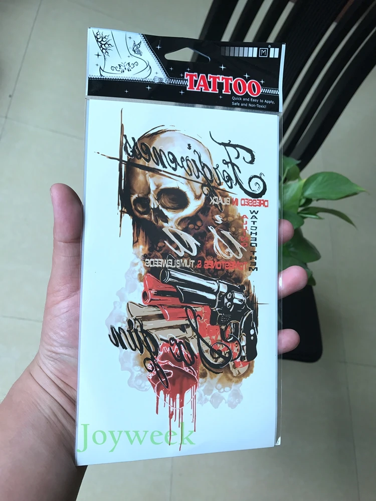 

Waterproof Temporary Tattoo Sticker large size skull gun pistol tatto stickers flash tatoo fake tattoos for men women girl