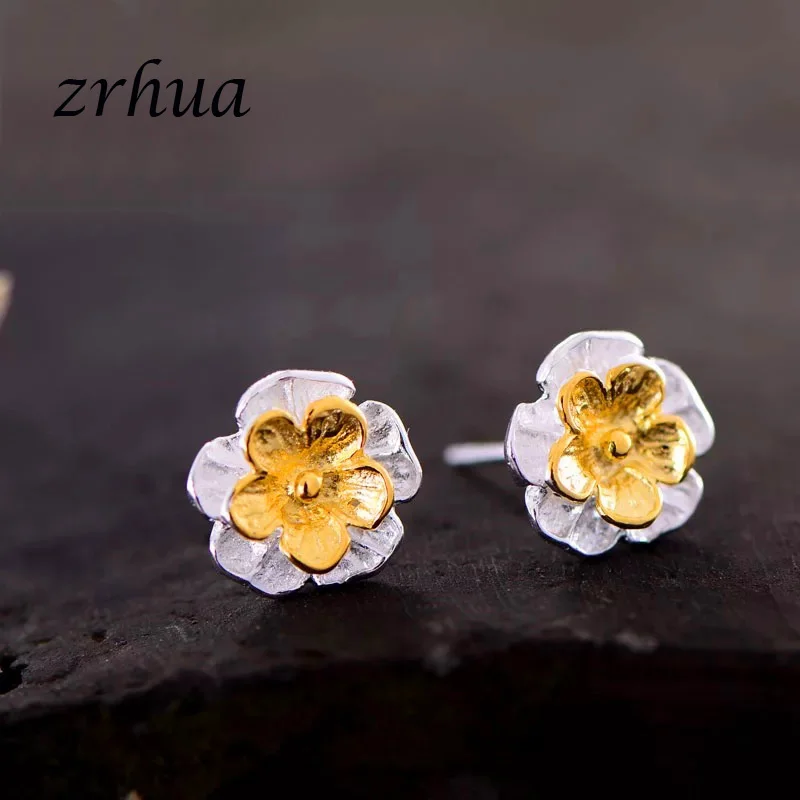 

ZRHUA Stylish Elegant Double Flower Handmade Jewellery Women 925 Sliver Flower Ear Stud Earrings Girls Elegant Gifts Hot