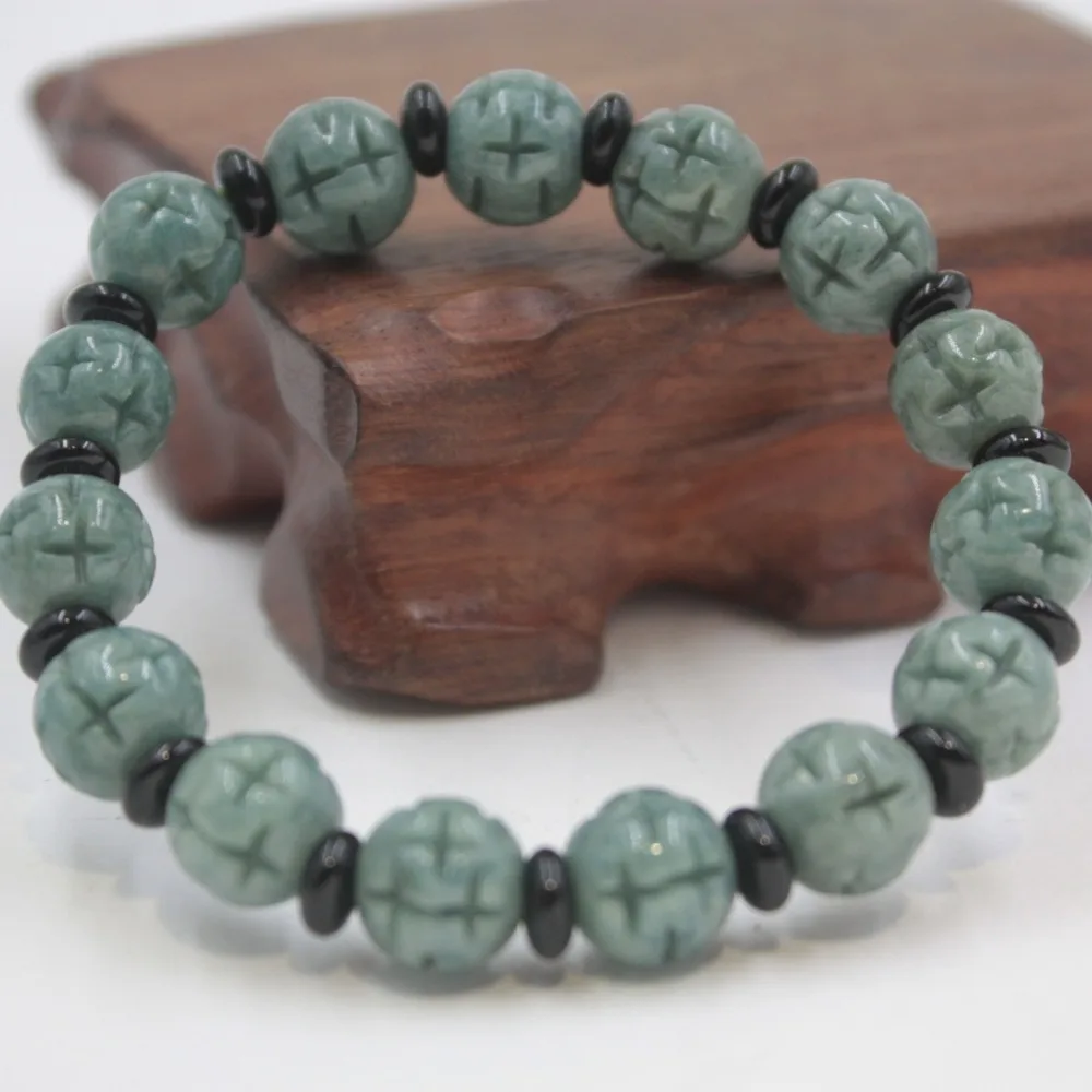 

New A Grade Oil Green Jade Jadeite Women Men Carved Round Bead Bracelet 10mm