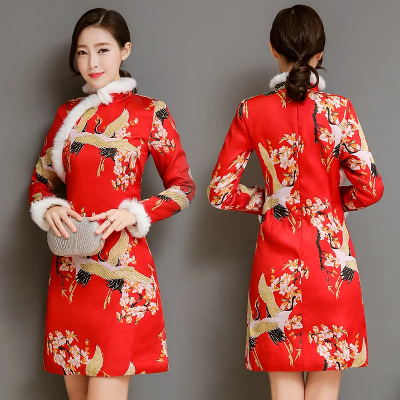 Высокое качество зима 2018 изменение Cheongsam Китайский Стиль теплый меховой воротник