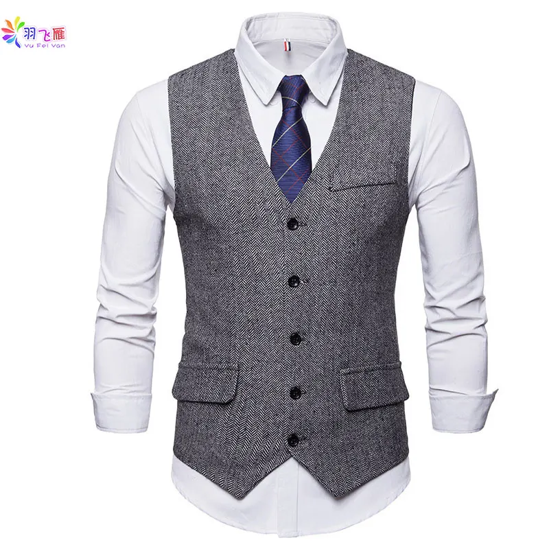 

Men Vest Suit Classic Slim Fit Black Waistcoat Vest Single Breast Formal British StyleTweed Brown Male Vest