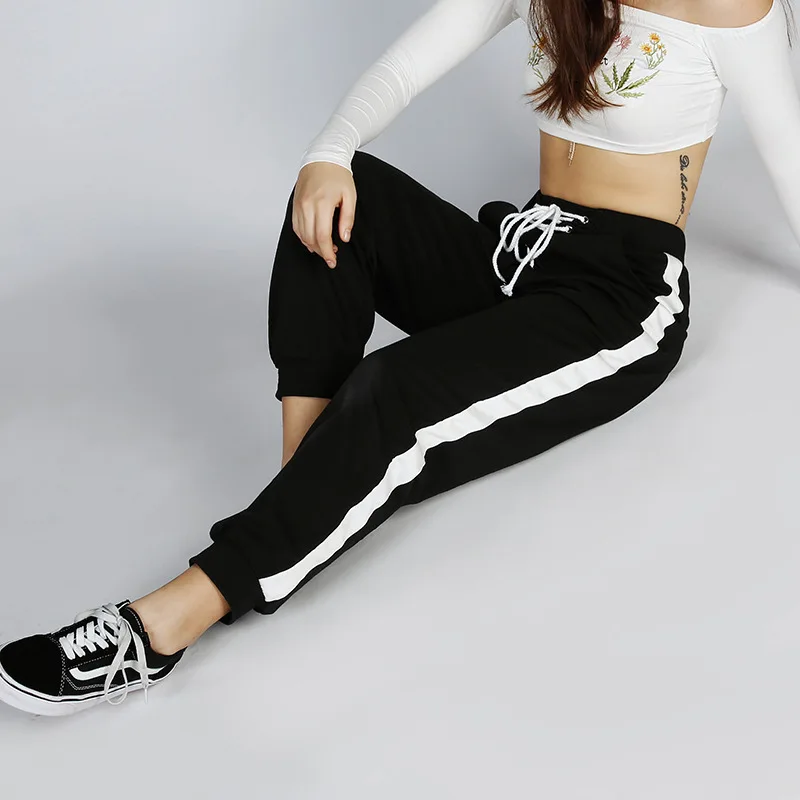 

2018 Top Fashion Women side Striped Harem Pants Women Casual High Waist Pants Drawstring Lace up Loose Trousers Pantalon Femme