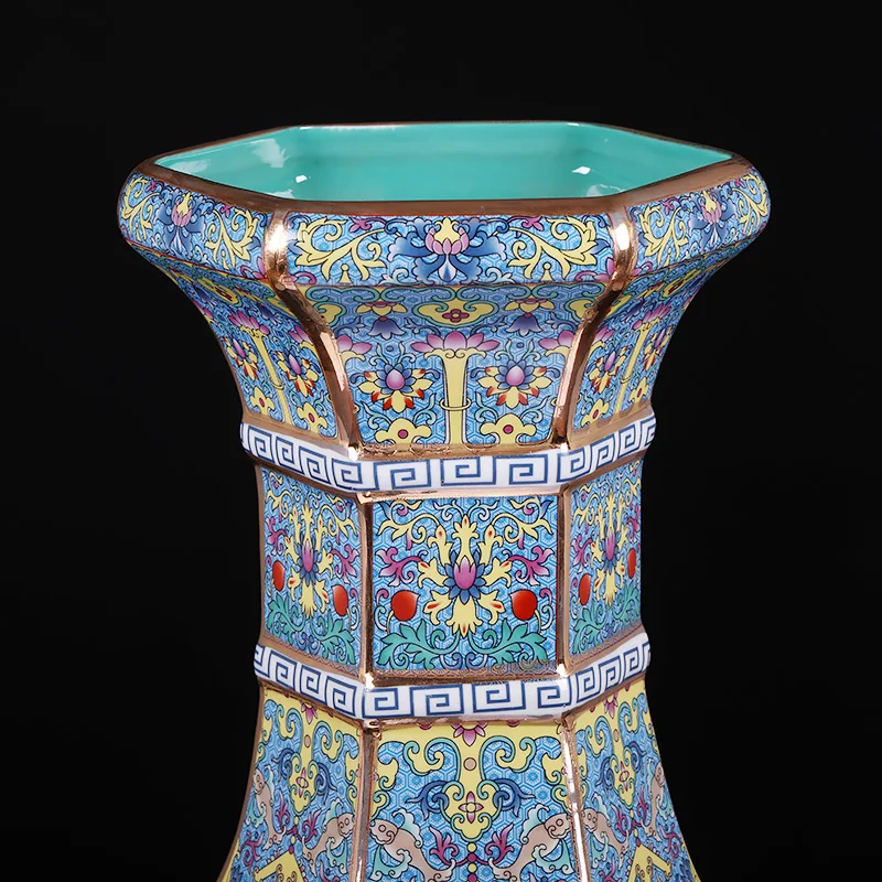 Цзиндэчжэнь Qianlong эмалированная Античная Шестигранная высокая ваза напольные