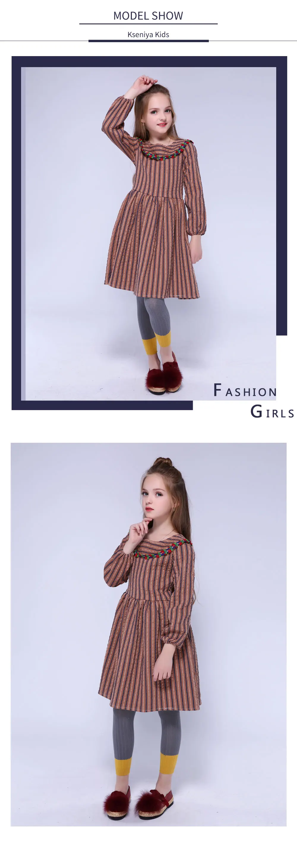 Kseniya Kids/Детские хлопковые платья для девочек милое праздничное платье с длинными рукавами, цветочной аппликацией и полосатым воротником в стиле Питера Пэна для девочек 6, 8, 10 лет