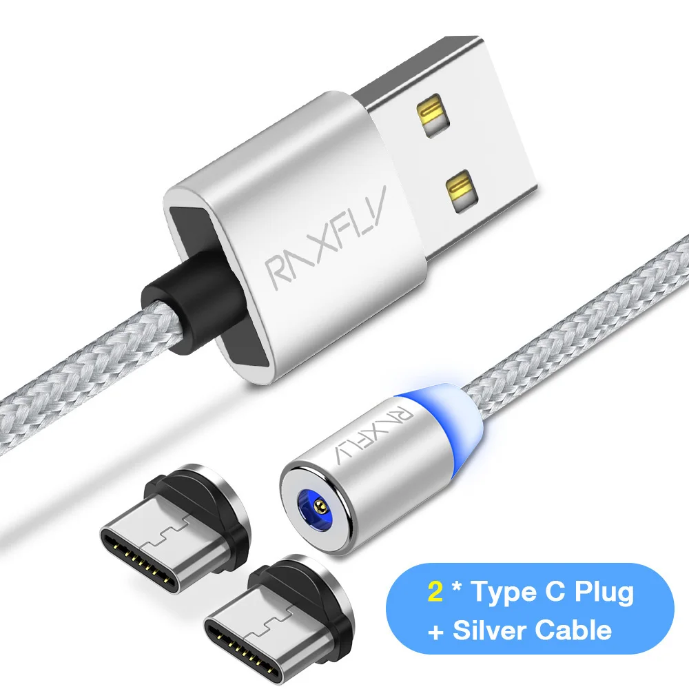 Silver TypeC 2Plugs Магнитный кабель RAXFLY Micro usb type C кабель для iPhone 11 Pro Max Xiaomi Redmi провод для быстрого заряда 1 м светодиодный магнитный кабель для зарядки - Цвет: Silver TypeC 2Plugs