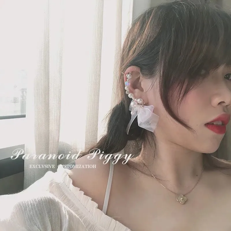 

New Korean Elegant Simulated Pearl Clip Earrings Sweet White Lace Bowknot Pendientes For Women Girls Statement Jewelry 5C3006