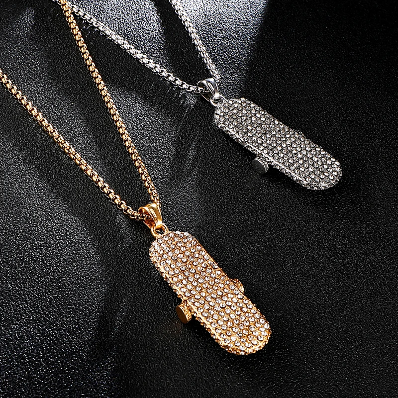 Хип-хоп Bling Iced out подвеска в виде доски для скейтборда ожерелье золотого цвета 316L