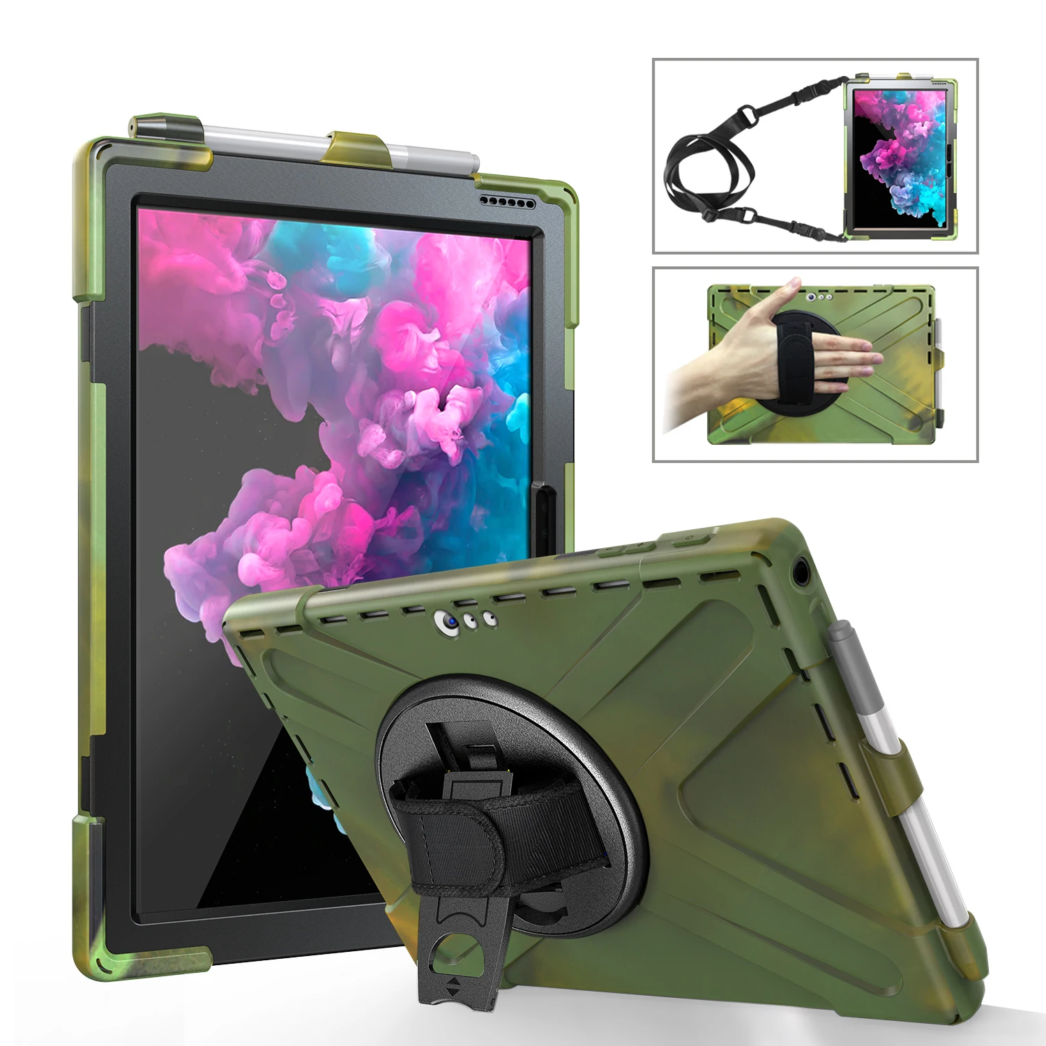 

Conelz For 360 Degree Rotation Hybrid Silicone Case with Hand Strap and Pen Slot for Microsoft Surface Pro 4 5 6 Case