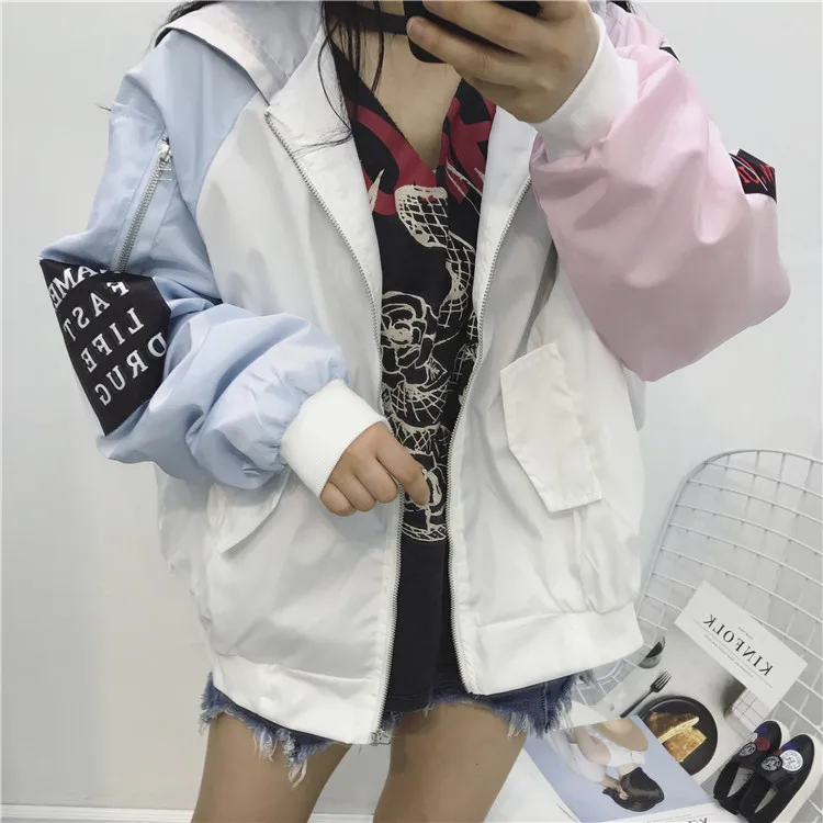 Куртки женские Harajuku в Корейском стиле свободные трендовые Лоскутные женские s одежда Высокое качество универсальные повседневные молнии шикарные Весенние Новые