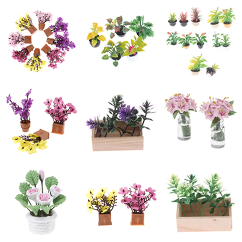 1/2PCS Искусственный Мини Противоударная заданяя Flower Pot в кукольных домиков