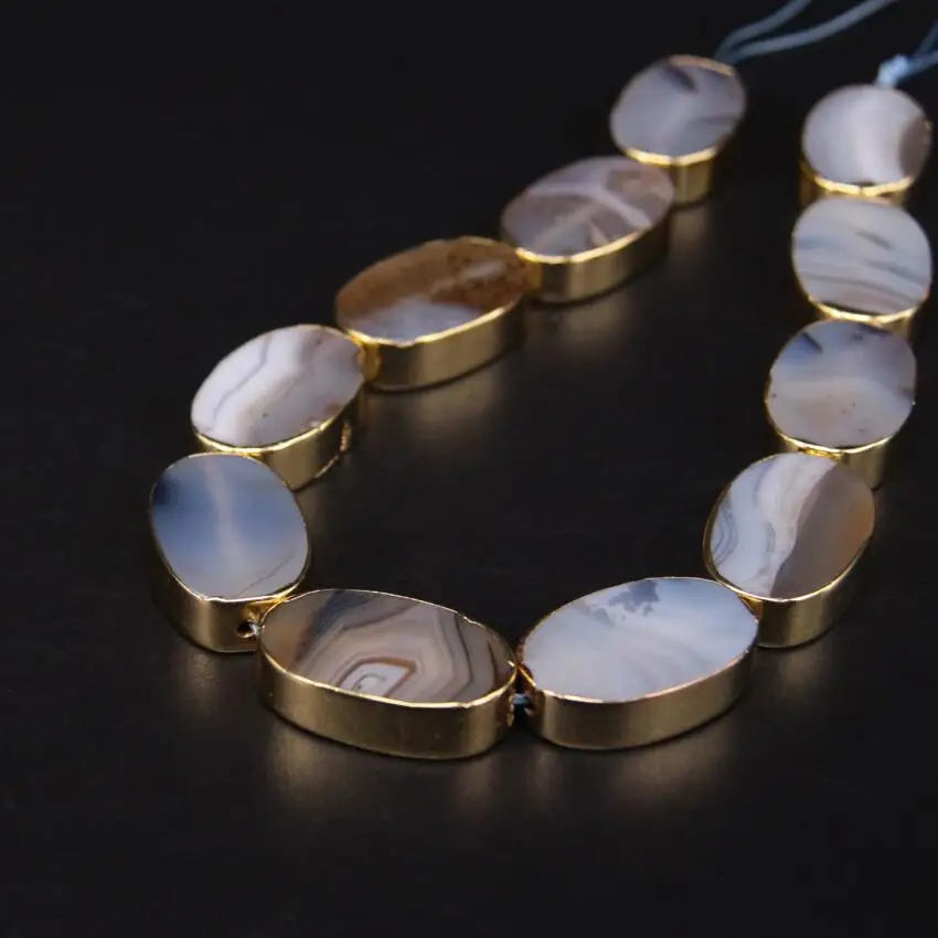 11pcs Natural Grey Marine Agates Flat Oval Slice Beads Plating Gold Edged Gems Stone Slab Pendants Bracelets Jewelry Making | Украшения и