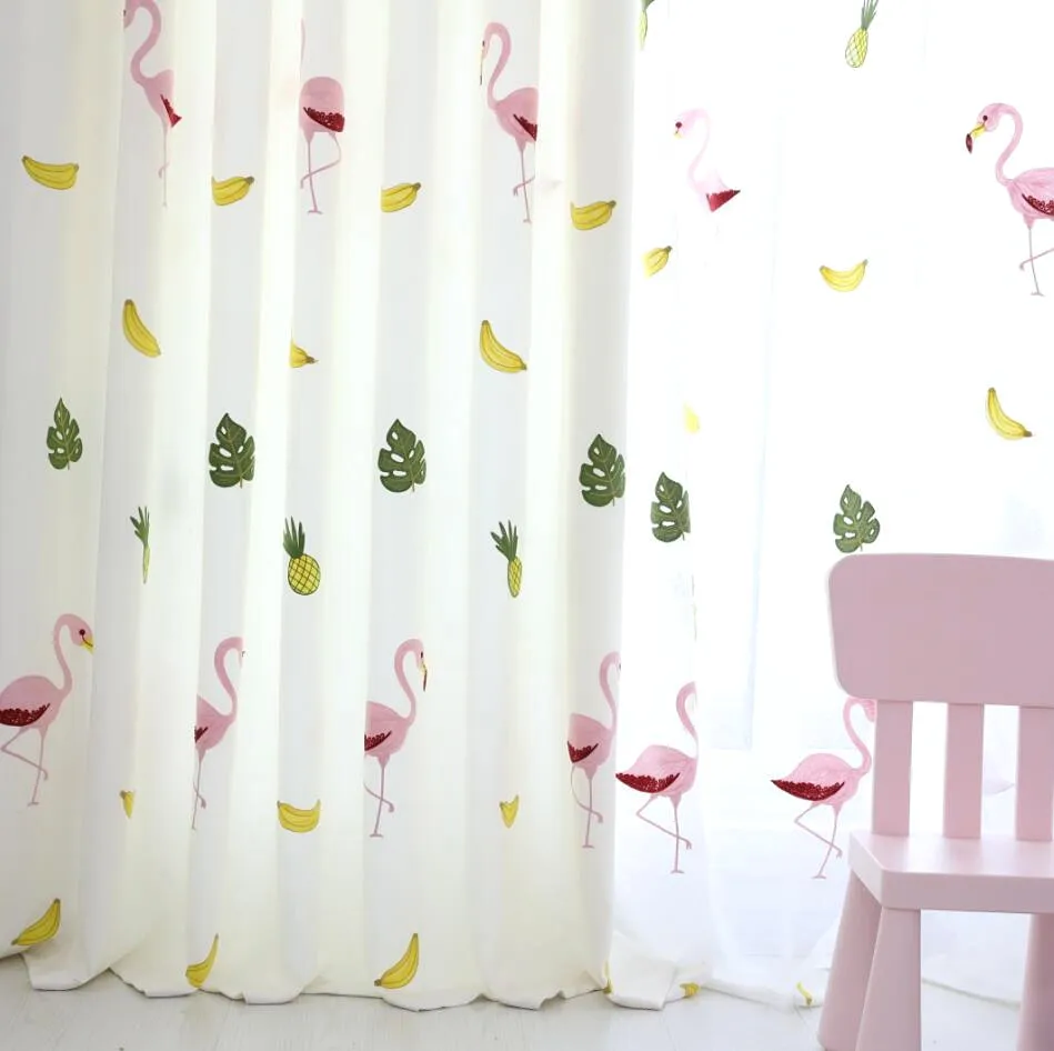 Cute Embroidered Yellow Banana Pineapple Curtain for Kids Room Green Leaves Sheer Tulle Children Red Birds Flamingo Living | Дом и сад