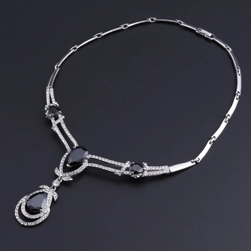 Classic Water Drop Necklace Earrings Set Luxury Silver Color Jewelry Sets For Women Wedding with Black AAA Cubic Zircon | Украшения и