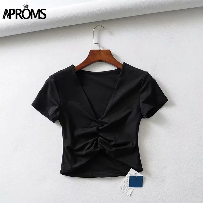 Aproms сексуальный короткий топ с рюшами и v-образным вырезом Женская белая Базовая футболка классная хлопковая стрейчевая тонкая укороченная футболка для девочек Женский Топ - Цвет: Черный