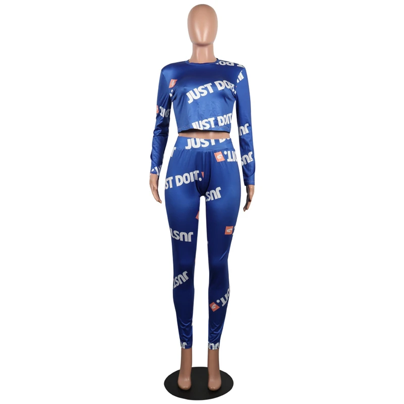 Letter Printed Sexy 2 Piece Set Autumn Long Sleeve Crop Top And Skinny Full Length Pants Women Black Casual Outfits GRNSHTS