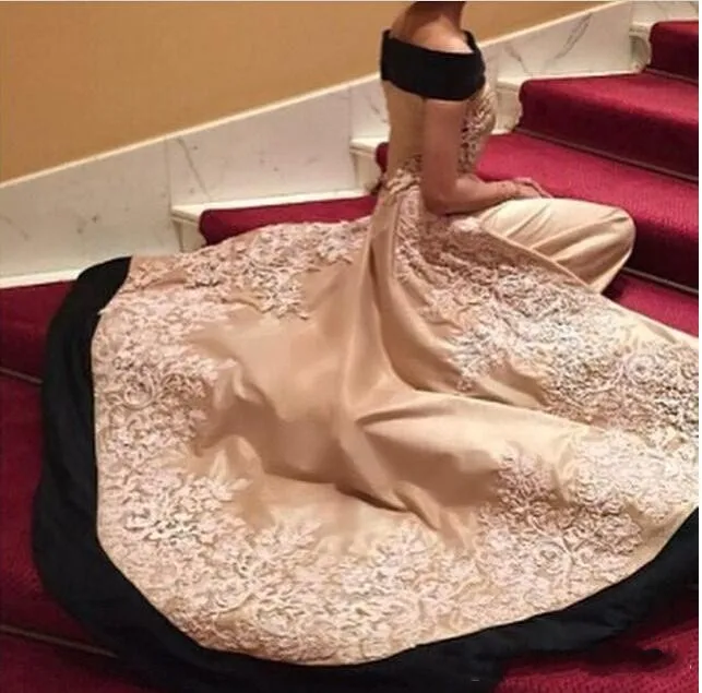 2016 Evening Dresses Off Shoulder Lace Appliques Detachable Arabic Style Long Pageant Prom Gowns Floor Length Satin Party Gown | Свадьбы и