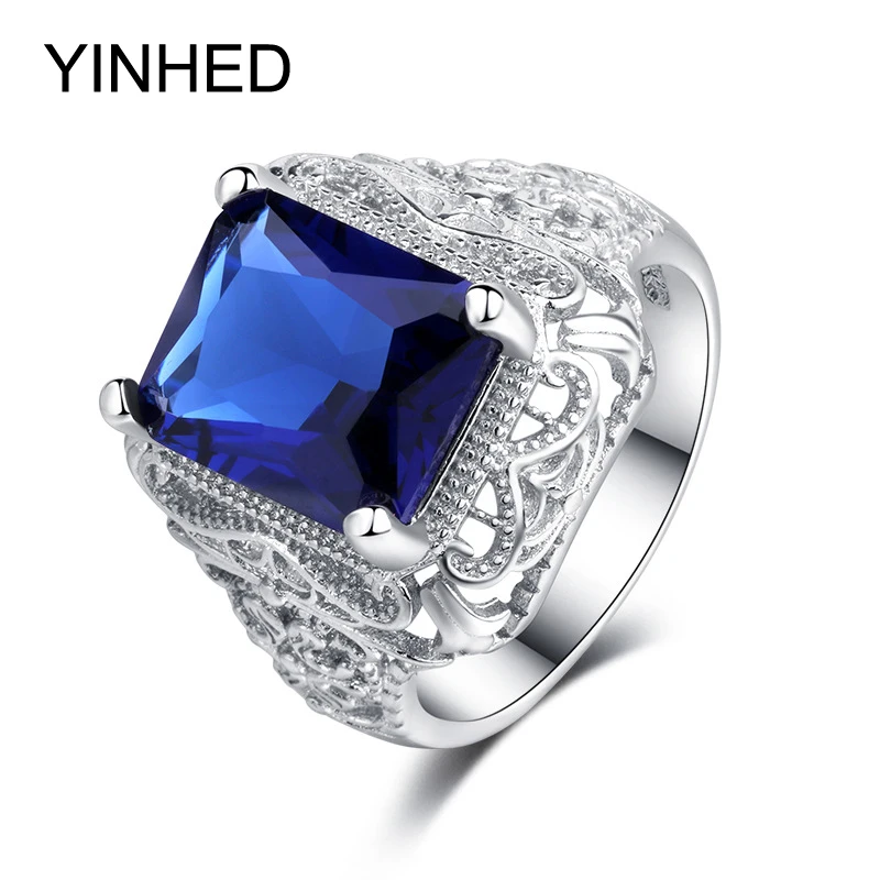 

YINHED Luxury Big Blue Crystal CZ Ring Solid 925 Sterling Silver Engagement Ring For Women Wedding Gift Fine Jewelry ZR462