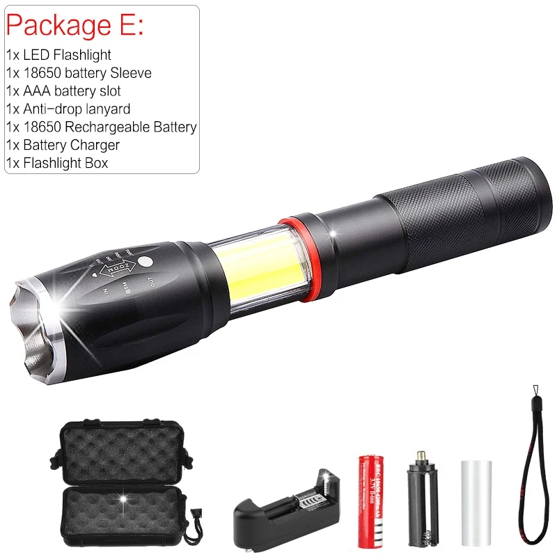 Package E Супер яркий светодиодный фонарик перезаряжаемый 10000 люмен Zoomable 5 режимов Linterna светодиодный Светодиодный фонарь Магнитный для кемпинга и туризма - Испускаемый цвет: Package E