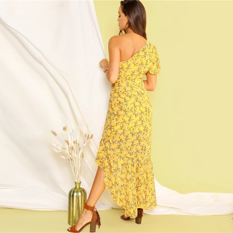 SHEIN Асимметричное Платье С Оборкой И Одним Плечом Женское Желтое Летнее Богемное Платье