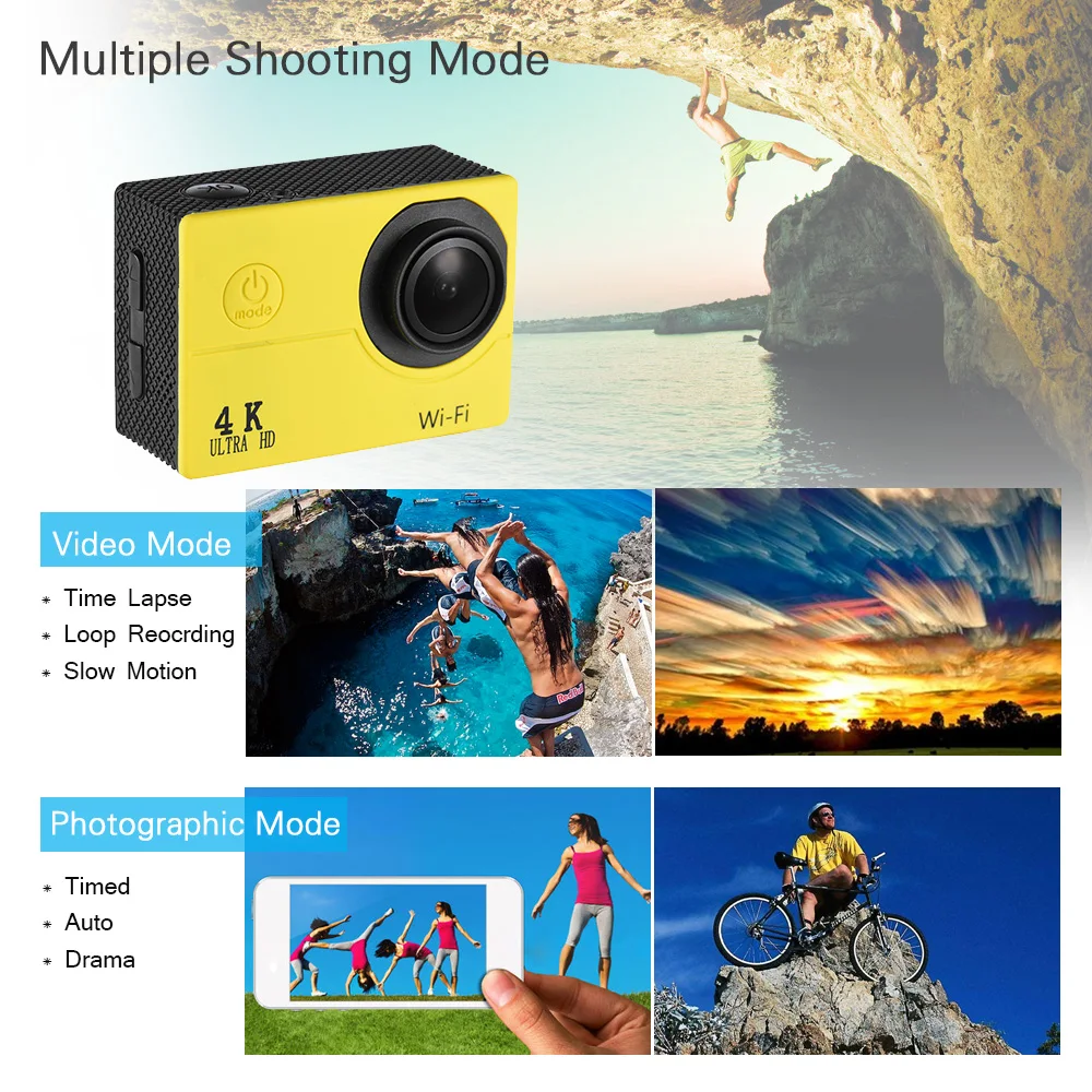 Andoer экшн Спортивная камера 4K 30fps 16MP WiFi 1080P 60fps Full HD 4X цифровой зум Дайвинг 40m 170 широкоугольный объектив " lcd