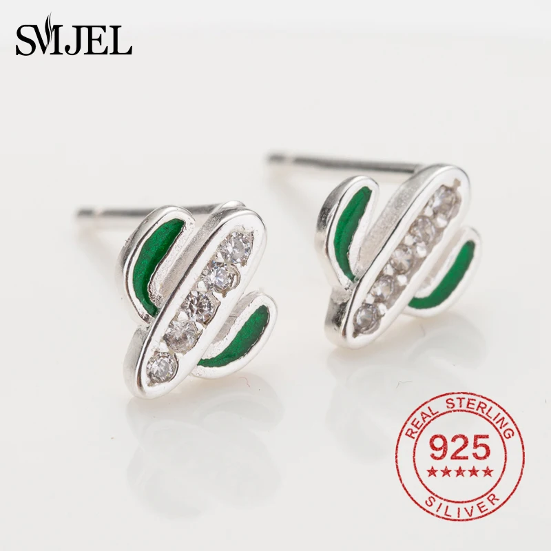 SMJEL 100% 925 Sterling Silver White &amp Green Cactus Stud Earrings for Women Earring Jewelry Christmas Gift Bijoux | Украшения и