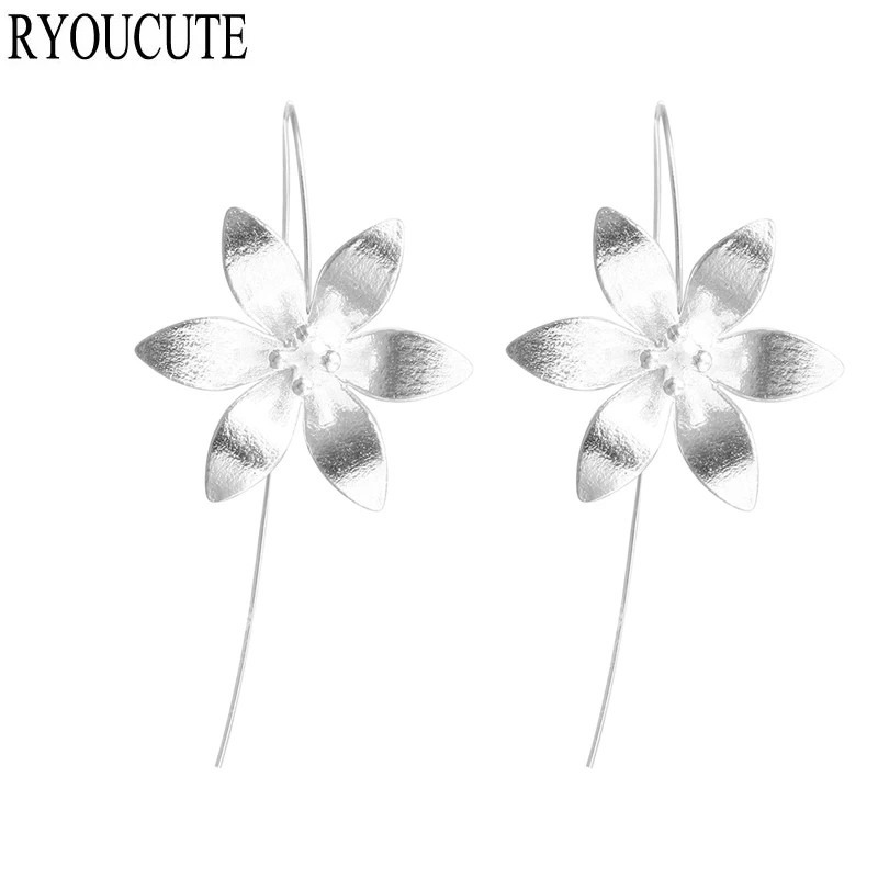 Женские серьги с большим цветком RYOUCUTE длинные сережки серебристого цвета