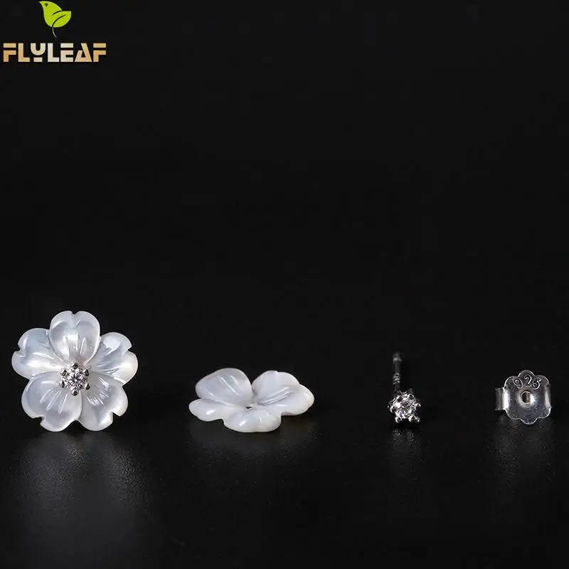 Flyleaf 100% Sterling Silver Shell Carvings Flowers Stud Earrings For Women Fashion Cubic Zirconia High Quality Jewelry | Украшения и