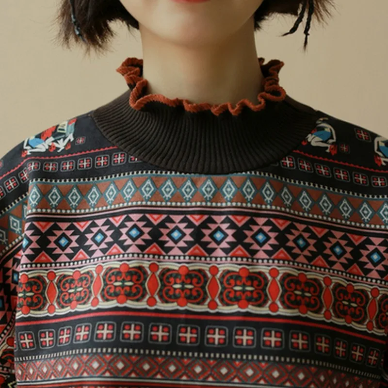 Vintage Suede Sweatshirts For Women Ruffled Semi-high Collar Hoodies Folk Style Sweatshirt Moletom Long Sleeve Crop Tops | Женская