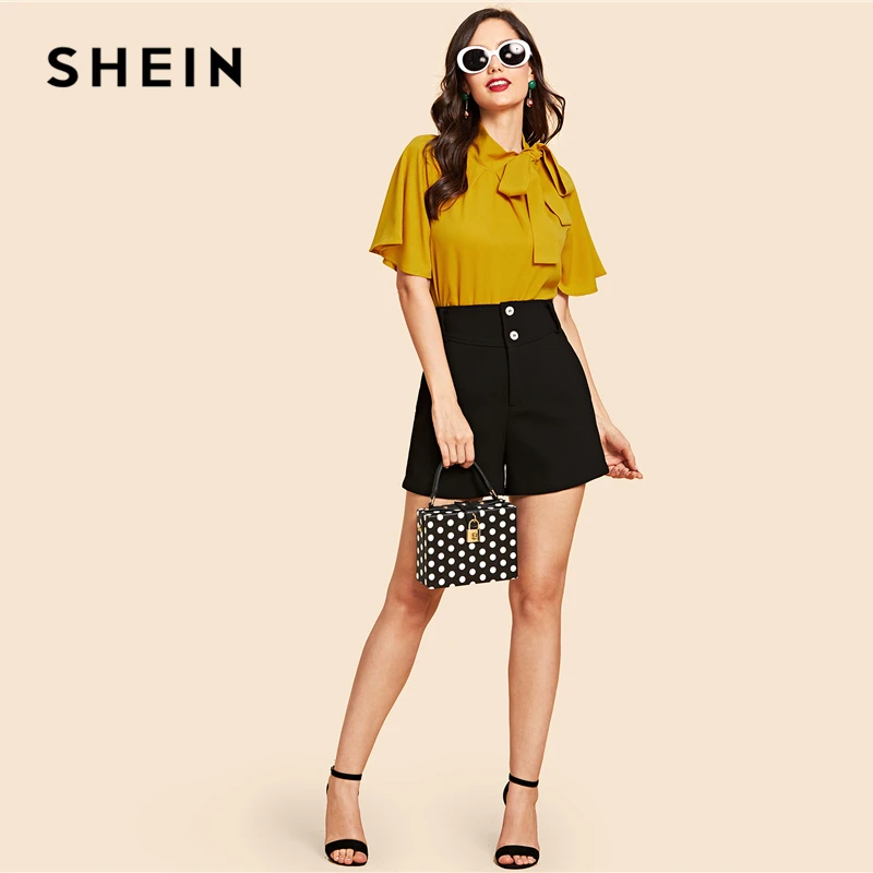SHEIN Яркий Топ С Бантом И Рукавами Флаттерами, Нарядная Офисная Блузка