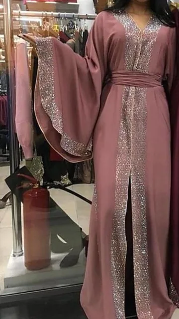 Pink Muslim Cardigan Красные бриллианты Дубайский мусульманский женский Абая для женщин кимоно Arabe кафтан платье хиджаб Турция Кафтан Исламская одежда Рамадан Халат - Цвет: Pink Muslim Cardigan