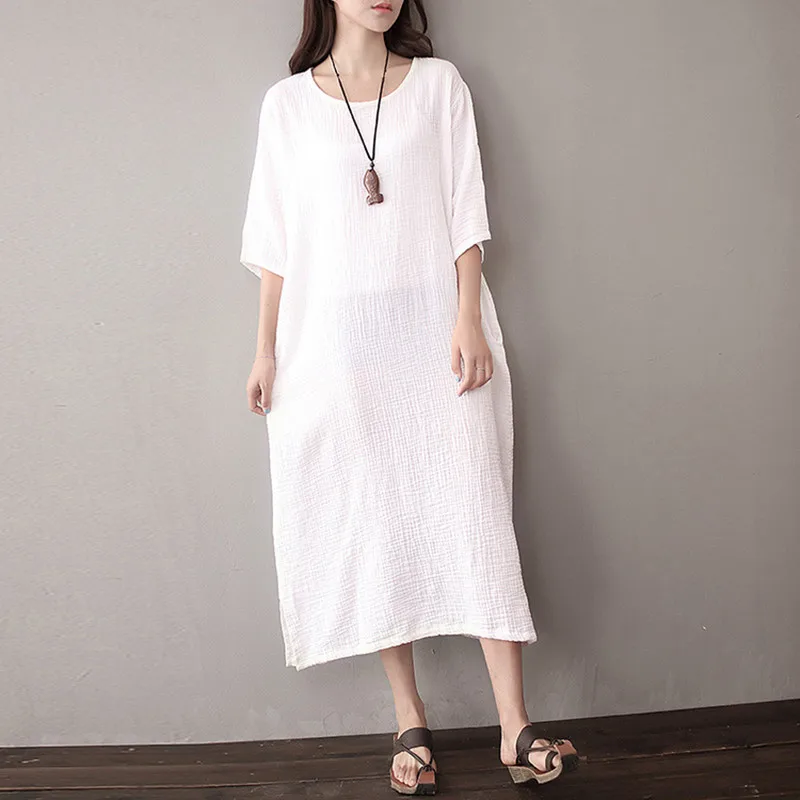 

2022 Summer women half sleeve loose casual cotton linen dress, dress,Long Dress Vestidos black red white pink
