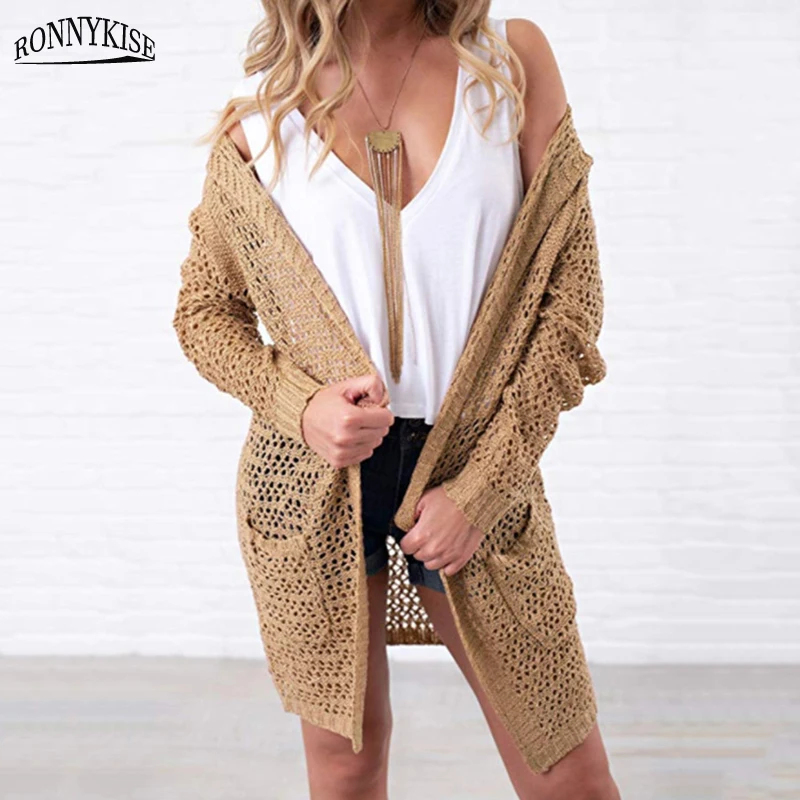 RONNYKISE Autumn and Winter Sweater Women Fashion Cardigans Knitted Oversized Long Coat with Pockets |