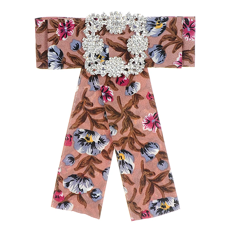 ZHINI Fashion Design Printed Floral Fabric Ribbon Bows Brooches High Quality Big Neckties Bow knot Pins Crystal Jewelry | Украшения и