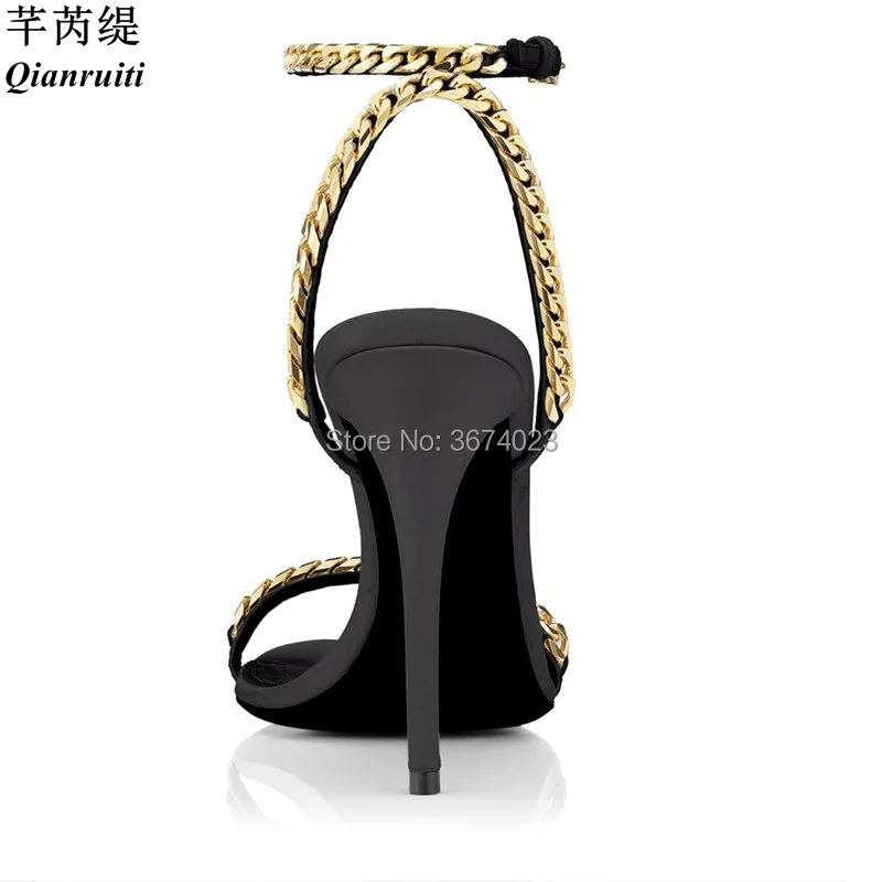 Женские босоножки Qianruiti на шпильке с золотистой цепочкой черные белые открытым