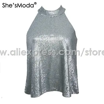 grey She'sModa Biling Sequins Gold Холтер Топ женские спандекс Клубные вечерние майки жилет - Цвет: grey