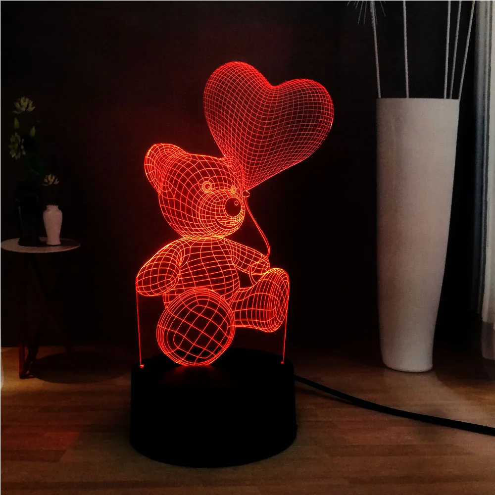 Иллюзия RGB 3D Милый Детский плюшевый медвежонок в форме сердца воздушный шар